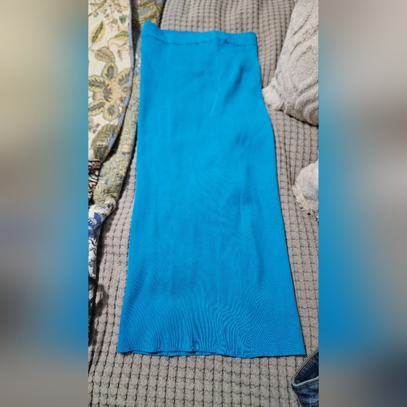 ZARA Ribbed Knit High-waist Midi Skirt w/ Elastic Waistband BackVent.Aqua Blue.M - Picture 11 of 16